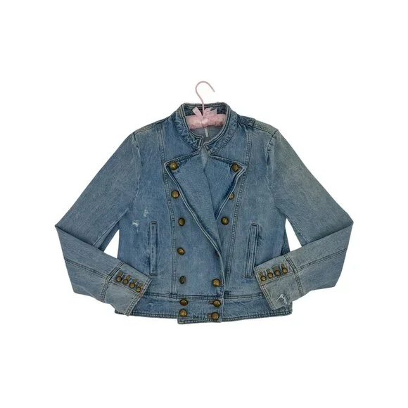 RARE Free People Military Denim Jacket L| Coastal Cowgirl Grunge Boho Streetwear - Picture 11 of 16